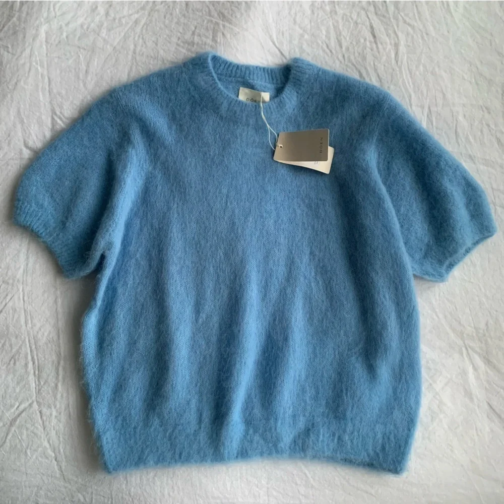 NWT Doen Hearst Alpaca Wool Brushed Puff Short Sleeve Sweater Top Seashore Blue
